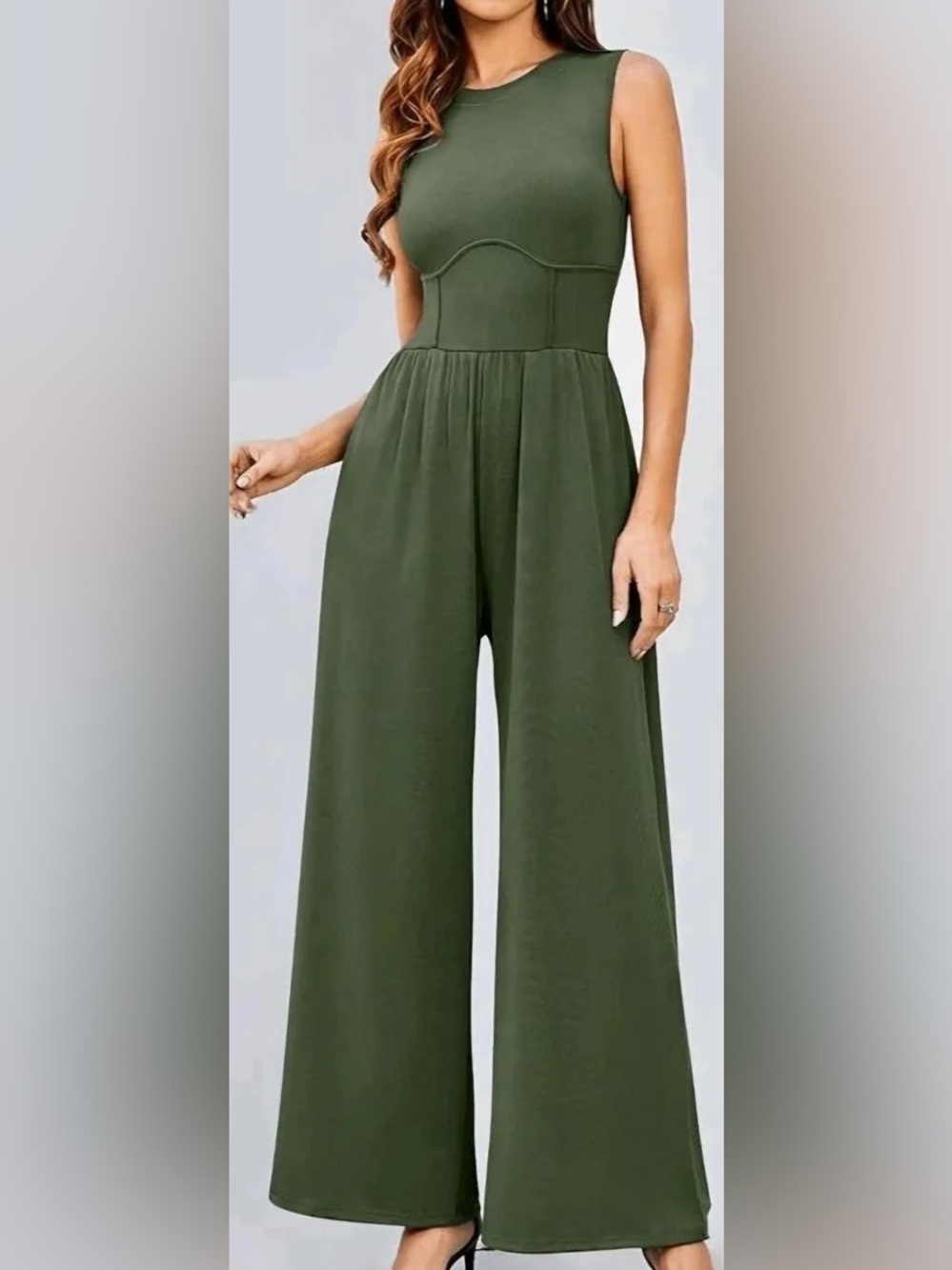 Cider L Sleeveless Olive Wide-Leg Jumpsuit for Women